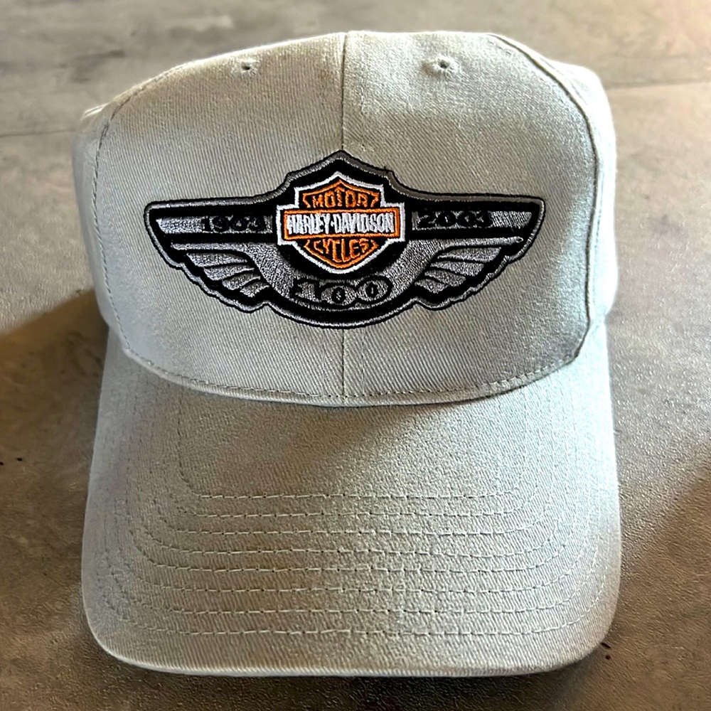 Harley Davidson 5 panel high crown, gray ball cap.